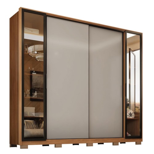 Guarda Roupa Casal Laredo 4 Portas Flex Amêndola Touch/Nude Prime TX com Vidro Reflecta e Pés - Demartêz