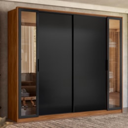 Guarda Roupa Casal Laredo 4 Portas Flex Nogueira/Preto Prime TX com Vidro Reflecta - Demartêz