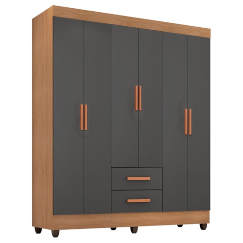 Guarda Roupa Casal Lite 6 Portas e 2 Gavetas Nature/Cinza - Móveis Leão