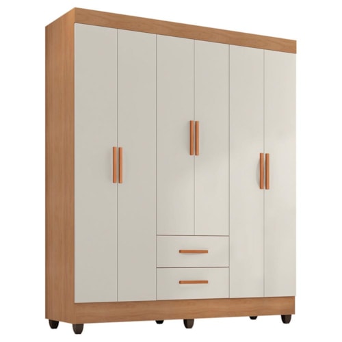 Guarda Roupa Casal Lite 6 Portas e 2 Gavetas Nature/Off White - Móveis Leão