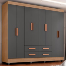 Guarda Roupa Casal Lite 8 Portas e 4 Gavetas Nature/Cinza - Móveis Leão