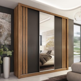 Guarda Roupa Casal Moema 3 Portas Flex Amêndola/Preto Prime com Espelho - Demóbile Guarda Roupa Casal Moema 3 Portas Flex Amêndola/Preto Prime com Espelho - Demóbile