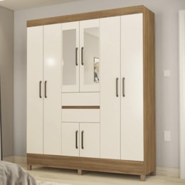 Guarda Roupa Casal Munique 8 Portas e 2 Gavetas Amêndola/Off White com Espelho - Demóbile   Guarda Roupa Casal Munique 8 Portas e 2 Gavetas Amêndola/Off White com Espelho - Demóbile