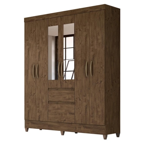 Guarda Roupa Casal New Cuba 6 Portas e 2 Gavetas Castanho Wood com Espelho - Moval