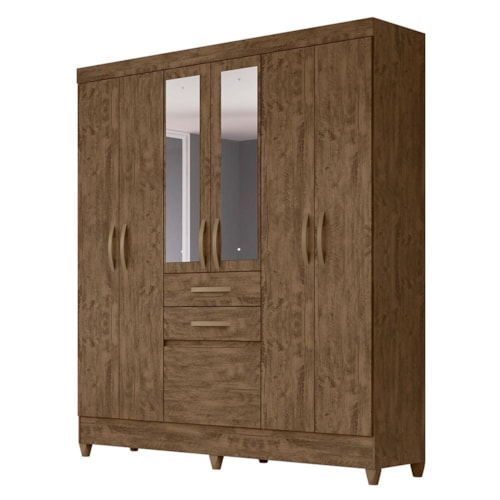 Guarda Roupa Casal New Mafra 7 Portas e 2 Gavetas Castanho Wood com Espelho - Moval