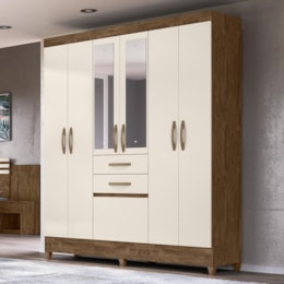 Guarda Roupa Casal New Mafra 7 Portas e 2 Gavetas Castanho Wood/Off White com Espelho - Moval