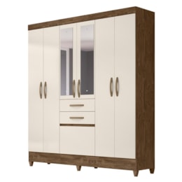 Guarda Roupa Casal New Mafra 7 Portas e 2 Gavetas Castanho Wood/Off White com Espelho - Moval