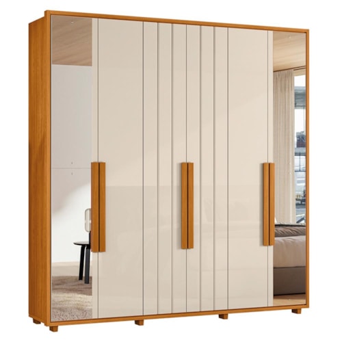 Guarda Roupa Casal Portinari Ripado 6 Portas Cinamomo/Off White com Espelho - Madetec