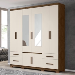 Guarda Roupa Casal Porto Plus 8 Portas e 3 Gavetas Castanho Wood/Off White com Espelho - Moval