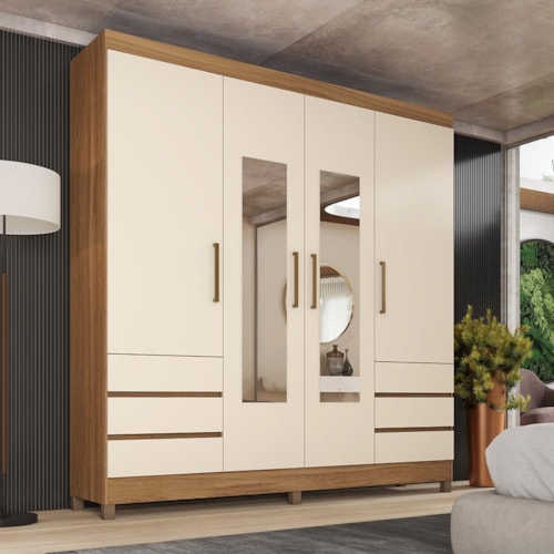 Guarda Roupa Casal Roma 4 Portas com Espelho Amêndola/Off White – Demóbile