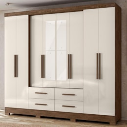 Guarda Roupa Casal San Lorenzo 8 Portas e 4 Gavetas Castanho Wood/Off White com Espelho - Moval