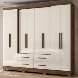 Guarda Roupa Casal San Lorenzo 8 Portas e 4 Gavetas Castanho Wood/Off White - Moval