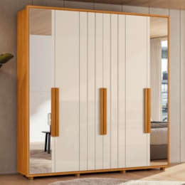Guarda Roupa Casal Veronese Ripado 6 Portas Cinamomo/Off White com Espelho - Madetec