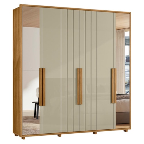 Guarda Roupa Casal Veronese Ripado 6 Portas Cumaru/Opala com Espelho - Madetec