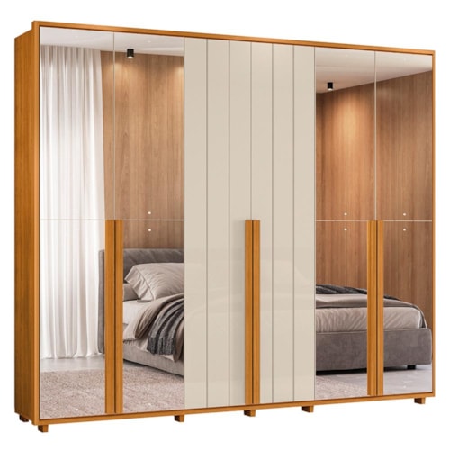 Guarda Roupa Casal Volpi Ripado 6 Portas Cinamomo/Off White com 8 Espelhos - Madetec