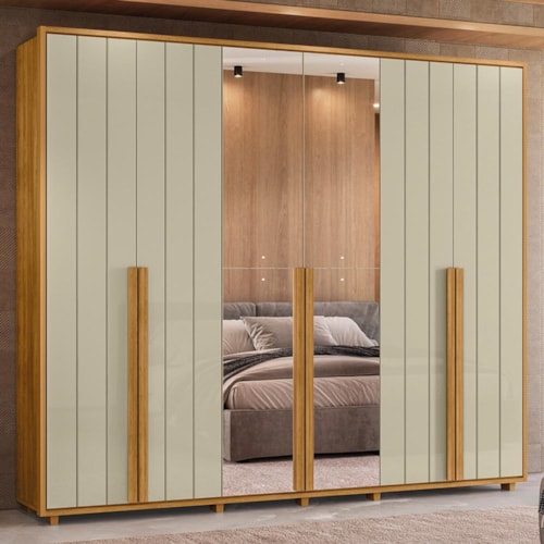 Guarda Roupa Casal Volpi Ripado 6 Portas Cumaru/Opala com 4 Espelhos - Madetec