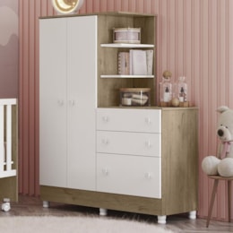 Guarda Roupa com Cômoda Infantil Doce Sonho 2 Portas e 3 Gavetas Carvalho/Branco com Pés - Qmovi Guarda Roupa com Cômoda Infantil Doce Sonho 2 Portas e 3 Gavetas Carvalho/Branco com Pés - Qmovi