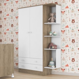 Guarda Roupa Infantil 2 Portas e 2 Gavetas Doce Sonho Carvalho/Branco com Nicho - Qmovi  Guarda Roupa Infantil 2 Portas e 2 Gavetas Doce Sonho Carvalho/Branco com Nicho - Qmovi