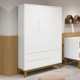 Guarda Roupa Infantil 3 Portas Classic Branco Fosco com Pés Amadeirado - Reller Móveis Guarda Roupa Infantil 3 Portas Classic Branco Fosco com Pés Amadeirado - Reller Móveis