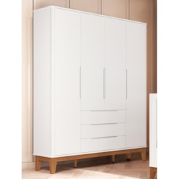 Guarda Roupa Infantil Boom Classic 4 Portas e 3 Gavetas Branco Fosco com Pés Amadeirado - Reller Móveis