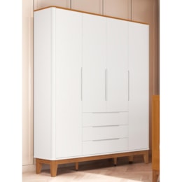 Guarda Roupa Infantil Boom Classic 4 Portas e 3 Gavetas Branco Fosco/Savana com Pés Amadeirado - Reller Móveis  Guarda Roupa Infantil Boom Classic 4 Portas e 3 Gavetas Branco Fosco/Savana com Pés Amadeirado - Reller Móveis