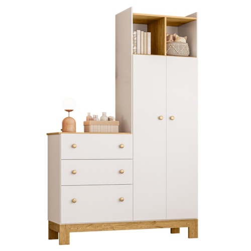 Guarda Roupa Infantil com Cômoda Flora 2 Portas Branco Acetinado - Qmovi