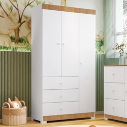 Guarda Roupa Infantil Duda 3 Portas e 3 Gavetas Branco/Carvalho - Phoenix Baby