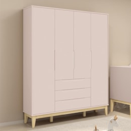 Guarda Roupa Infantil Elfe Classic 4 Portas Rosa Fosco com Pés Madeira Natural - Reller Móveis  Guarda Roupa Infantil Elfe Classic 4 Portas Rosa Fosco com Pés Madeira Natural - Reller Móveis