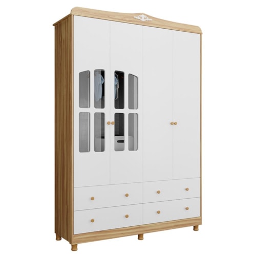 Guarda Roupa Infantil Elô 4 Portas com Janelas e 4 Gavetas Branco Brilho/Amêndoa - Móveis Peroba