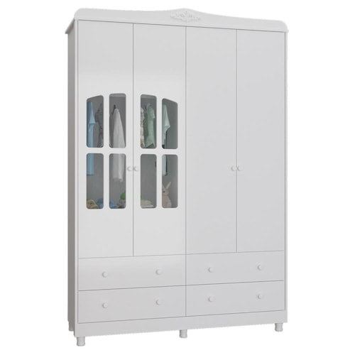 Guarda Roupa Infantil Elô 4 Portas com Janelas e 4 Gavetas Branco Brilho - Móveis Peroba