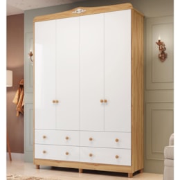 Guarda Roupa Infantil Elô 4 Portas e 4 Gavetas Branco Brilho/Amêndoa - Móveis Peroba