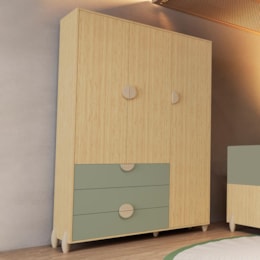 Guarda Roupa Infantil Gracia 3 Portas e 3 Gavetas Oliva/Naturale - Reller Móveis