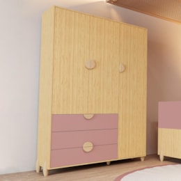 Guarda Roupa Infantil Gracia 3 Portas e 3 Gavetas Rosê/Naturale - Reller Móveis 