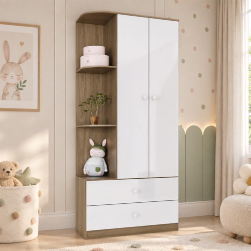 Guarda Roupa Infantil Labirinto 2 Portas e 2 Gavetas Rústico/Branco - Móveis Henn