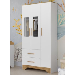 Guarda Roupa Infantil Popy Retrô Plus 3 Portas com Janelas e 2 Gavetas Branco Brilho/Amêndoa - Móveis Peroba