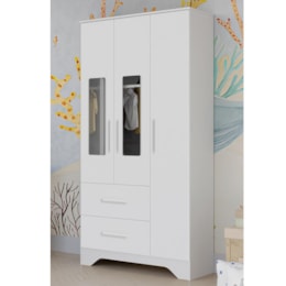 Guarda Roupa Infantil Popy Retrô Plus 3 Portas com Janelas e 2 Gavetas Branco Brilho - Móveis Peroba