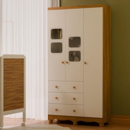 Guarda Roupa Infantil Uli New 3 Portas e 3 Gavetas Branco Brilho/Amêndoa - Móveis Peroba
