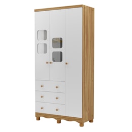 Guarda Roupa Infantil Uli New 3 Portas e 3 Gavetas Branco Brilho/Amêndoa - Móveis Peroba