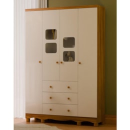 Guarda Roupa Infantil Uli New 4 Portas e 3 Gavetas Branco Brilho/Amêndoa - Móveis Peroba