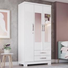 Guarda Roupa Solteiro Açaí 3 Portas e 2 Gavetas Branco com Espelho - Móveis Henn