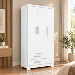 Guarda Roupa Solteiro Açaí 3 Portas e 2 Gavetas Branco - Móveis Henn