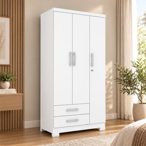 Guarda Roupa Solteiro Açaí 3 Portas e 2 Gavetas Branco - Móveis Henn
