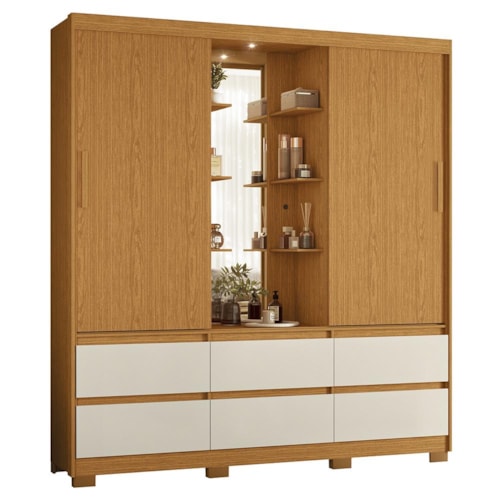 Guarda Roupa Solteiro Atena 2 Portas 6 Gavetas Flex Cinamomo/Off White com LED – Móveis Albatroz