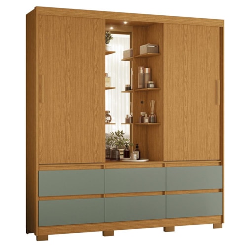 Guarda Roupa Solteiro Atena 2 Portas 6 Gavetas Flex Cinamomo/Sálvia com LED – Móveis Albatroz