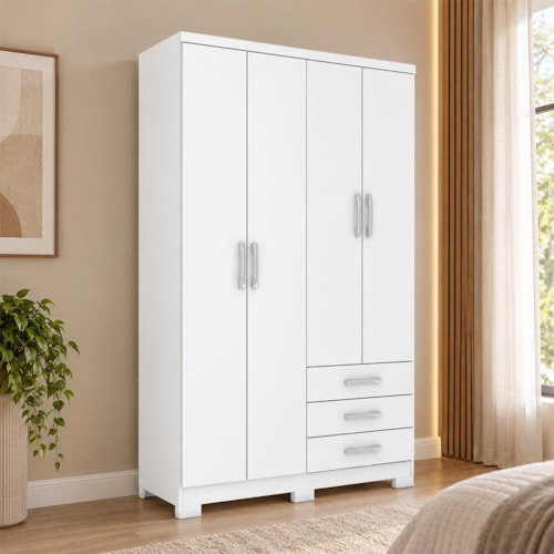 Guarda Roupa Solteiro Caju 4 Portas e 3 Gavetas Branco - Móveis Henn