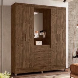 Guarda Roupa Solteiro Capelinha Capri 4 Portas e 3 Gavetas Castanho Wood com Espelho - Moval