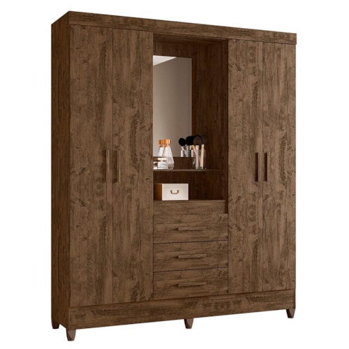 Guarda Roupa Solteiro Capelinha Capri 4 Portas e 3 Gavetas Castanho Wood com Espelho - Moval