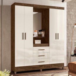 Guarda Roupa Solteiro Capelinha Capri 4 Portas e 3 Gavetas Castanho Wood/Off White com Espelho - Moval 