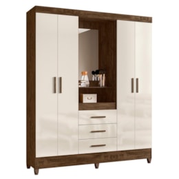 Guarda Roupa Solteiro Capelinha Capri 4 Portas e 3 Gavetas Castanho Wood/Off White com Espelho - Moval 