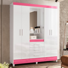 Guarda Roupa Solteiro Capelinha Capri 4 Portas e 3 Gavetas Flex Branco/Rosa com Espelho - Moval 